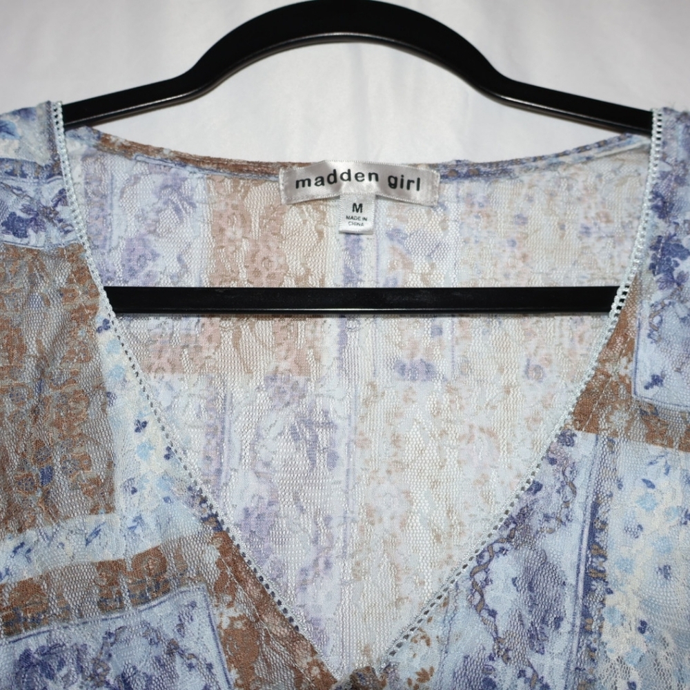 MADDEN GIRL Blue & Brown Bohemian Mesh Hanky Long Sleeve Top. Medium. NWT. - Picture 3 of 8